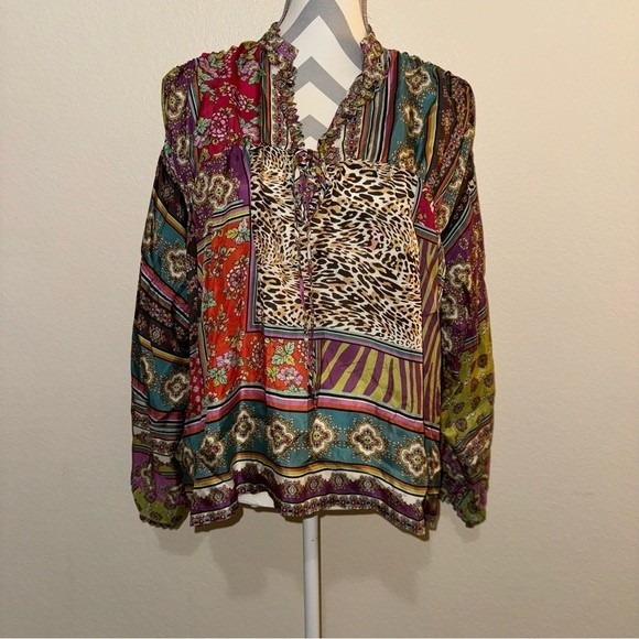 NWT Johnny Was Patch Finn Multicolor V Neck Long Sleeve Silk Blouse Small - Picture 5 of 13